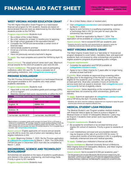 WV Financial Aid Programs Fact Sheet
